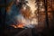 Dry forest at fall time burning and creating a lot of smoke. A forest with big trees and wildfire at dusk time. Forest Road and