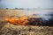 Dry forest and steppe fires completely destroy fields and steppes during severe drought. Disaster causes regular damage to the