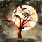 Dry gnarled scary tree against the background of the night sky with a huge moon and bats,