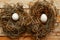 Dry hay nest with chicken eggs, top view. Easter concept.