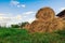 Dry haystacks for feeding animals on green grass and in the open