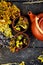 Dry Herbs and flowers, herbal medicine. Flat lay.