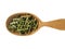 Dry Hyssopus in wooden spoon on white background