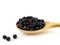 Dry juniper berries lie in a wooden spoon on a white background