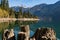 Dry logs and tree stumps on the dry shore of Baker Lake in North Cascades