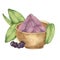 Dry maqui berry powder in wooden bowl with berries and leaves