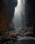 A dry open cave with a misty atmosphere and sun rays getting through.