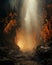 A dry open cave with a misty atmosphere and sun rays getting through.