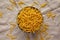 Dry Organic Maccheroni Pasta in a Bowl, top view. Flat lay, overhead, from above