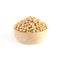 Dry organic soybean seed pile in wooden bowl