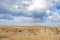 Dry prairie landscape with cumulus stormy clouds in Teruel region, Aragon, Spain. Conceptual for climate change, meteorology,