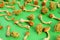 Dry psilocybin mushrooms on green background, natural pattern. Psychedelic magic mushrooms Golden Teacher. Medical usage. Microdos