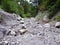 Dry riverbed of seasonal alpine torrential stream above the Rhine river valley Rheintal - Schaan, Liechtenstein