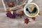 Dry rose in an old vintage book and cup of coffee on a wooden table close up. copy spaces. top view