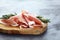 Dry Spanish ham, Jamon Serrano, Bellota, Italian Prosciutto Crudo or Parma ham. meat cutting