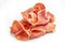 Dry Spanish ham, Jamon Serrano, Iberian ham Isolated on white background. Long banner format