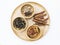 Dry spices in round wooden tray, variety of Asian spice in wooden bowl