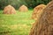 Dry straw haystacks on a green meadow, blurred trees in background