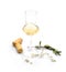 Dry sweet white wine in a small tasting glass isolated on white background. For winery, bar or restaurant degustation event ads,
