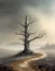 Dry tree on the dead land surrounded by dense mist and silence