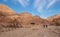 Dry tree in a wide wadi, white clouds on the blue sky and mountains on the background.