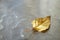 Dry yellow autumnal birch leaf on a sunny glass table