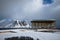 Drying flakes for stockfish cod fish in winter. Lofoten islands,