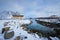 Drying flakes for stockfish cod fish in winter. Lofoten islands, Norway