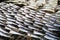 Drying fresh white ocean fish on fishnet rack under strong sunlight