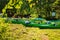 Drying kayaks in a tourist camp. Camping. Tourist halt