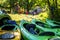 Drying kayaks in a tourist camp. Camping. Tourist halt