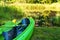 Drying kayaks in a tourist camp. Camping. Tourist halt