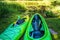 Drying kayaks in a tourist camp. Camping. Tourist halt