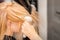 Drying straight blond hair with black hairdryer and white round brush in hairdresser salon, close up.