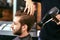 Drying, styling men\'s hair in a beauty salon