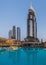 DUABI, UAE - MARCH 10, 2017: Address Downtown skyscraper behind Dubai Fountains Lak