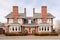 dual chimneys of brick colonial with bay windows
