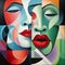 Dual faces blend in a colorful, abstract cubist painting. AI generation