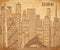 Dubai. Cityscape in line art style on aged paper background.