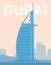 Dubai cityscape view. Minimalistic sunset with blue colored buildings poster.