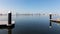 Dubai Downtown skyline panorama with floating wooden piers