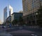 Dubai Financial Center road. Landmarks such Jumeirah Emirates towers, Ritz Carlton, DIFC on the picture