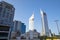 Dubai financial district, modern twin skyscrapers low angle view in a sunny day