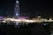 Dubai fountains show at night. Tourist attraction dancing fountain at Dubai Mall., UAE