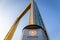 Dubai Frame ornamental golden facade, architectural landmark of Dubai with Expo 2020 Dubai logo sign.
