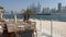Dubai Jumeirah beach with marina skyscrapers in UAE. Luxurious sandy beach