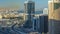 Dubai Marina skyscrapers aerial top view at sunrise from JLT in Dubai timelapse, UAE.