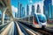 Dubai Metro as world\\\'s longest fully automated metro network (75 km), Dubai, UAE, Metro railway among among glass