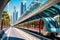 Dubai Metro as world\\\'s longest fully automated metro network, Dubai, UAE, Metro railway among among glass skyscrapers in