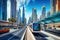 Dubai Metro as world\\\'s longest fully automated metro network, Dubai, UAE, Metro railway among among skyscrapers in